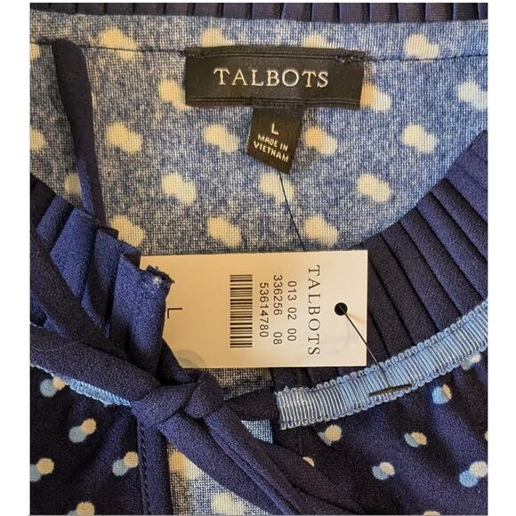 TALBOTS Navy Polka Dot Pleated Tie Neck Long Sleeve Blouse Business Large NWT - Picture 5 of 9
